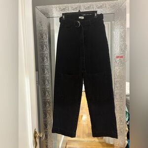 Forever 21 2 big knee pockets and waist belt black denim straight wide leg jeans